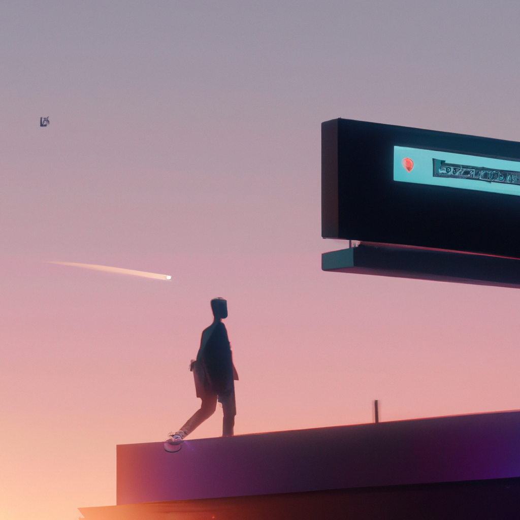 A traveler on a neon-lit city ridge at dusk